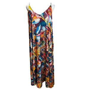 Nicole Miller Watercolor Abstract Floral Print Satin Maxi Dress Size L Pockets